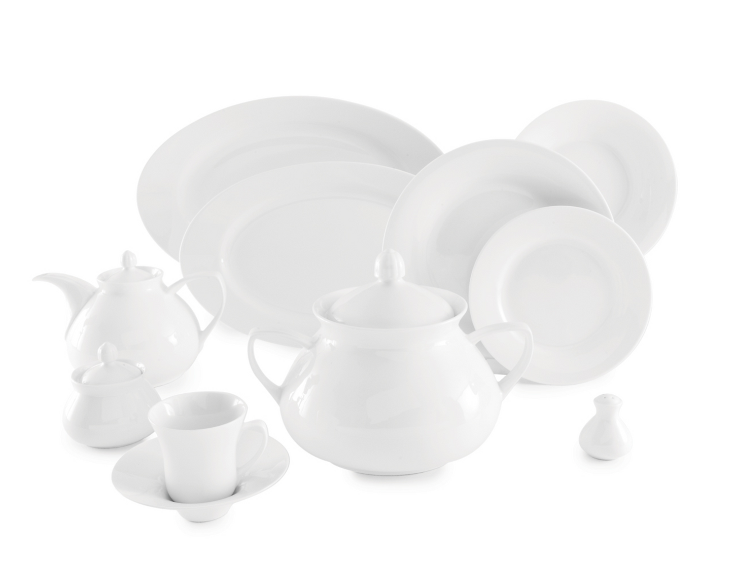 Komplett FDC White porselensservise på 107 deler med tallerkener, serveringsdeler, suppeterrin, tekanne og kopp.