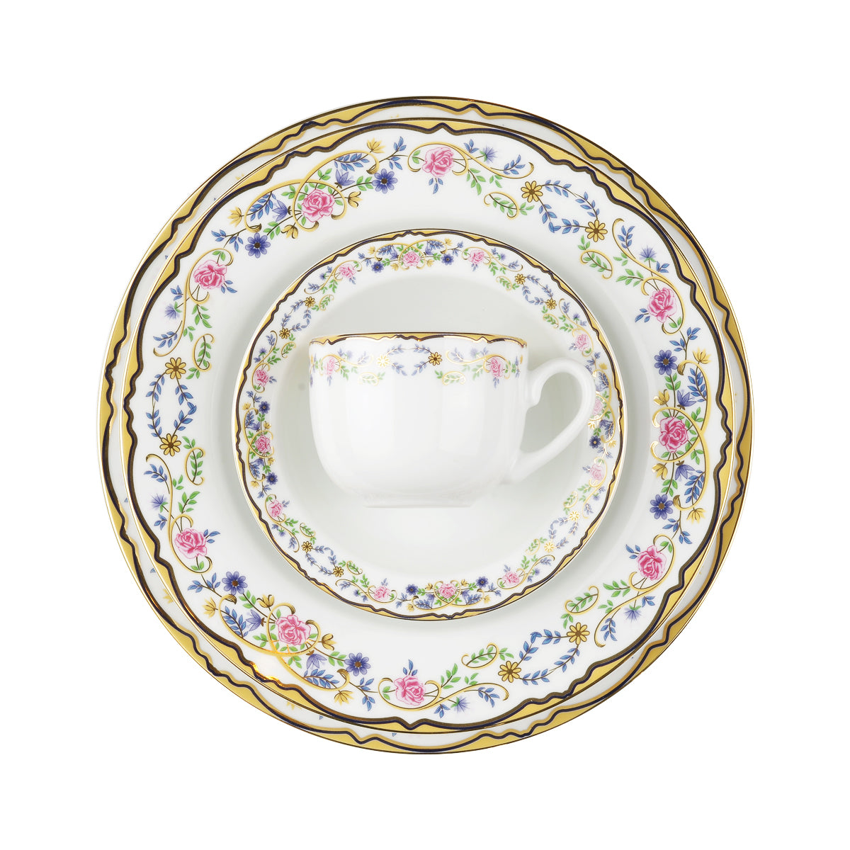 Golden Garden kuvert med middagstallerken, dyp tallerken, desserttallerken, tefat og kopp med blomsterdekor og gulldetaljer.