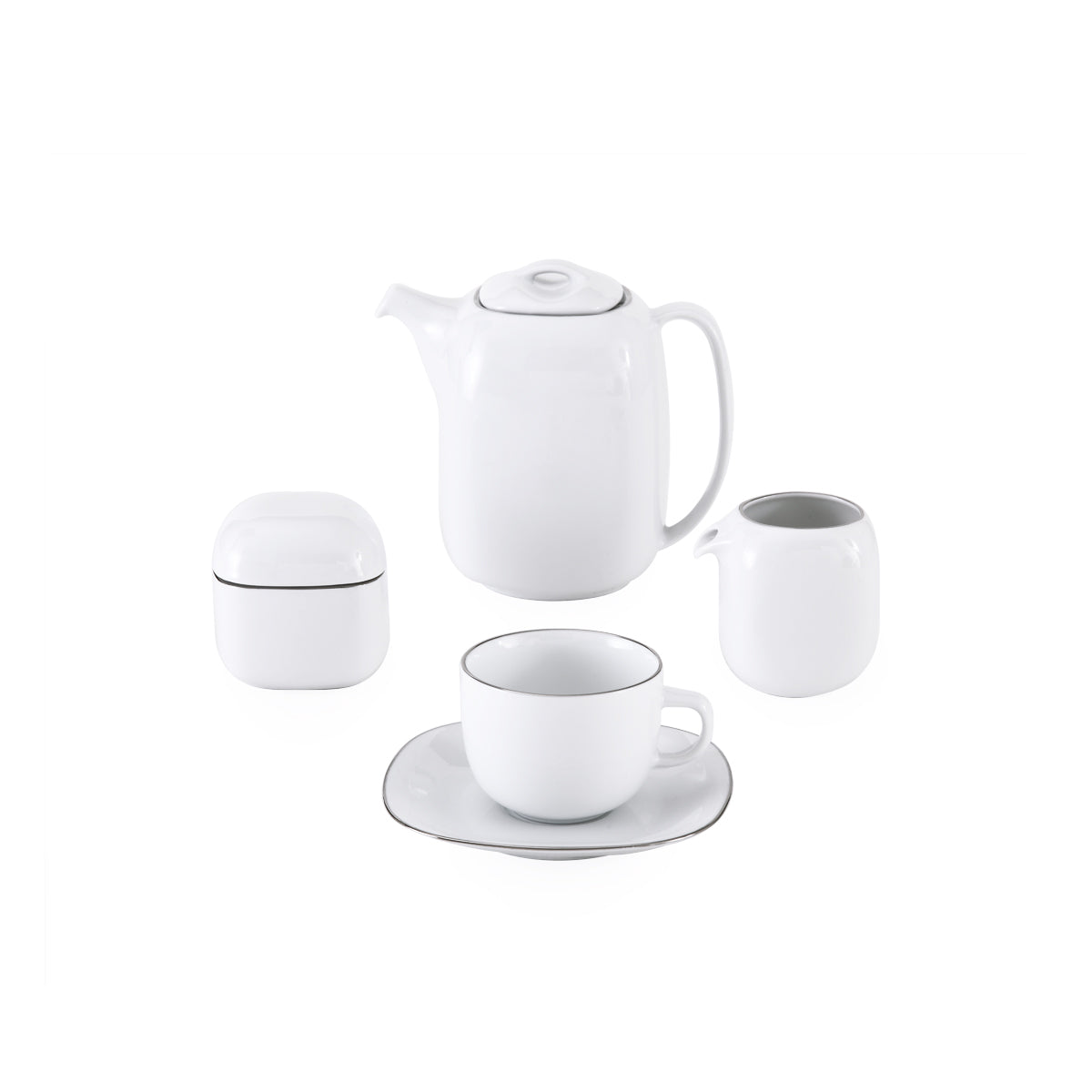 Quattro Silver teservise med tekanne, kopp, tefat, sukkerskål og mugge med sølvkant.