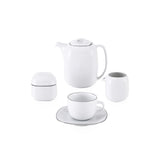 Quattro Silver teservise med tekanne, kopp, tefat, sukkerskål og mugge med sølvkant.