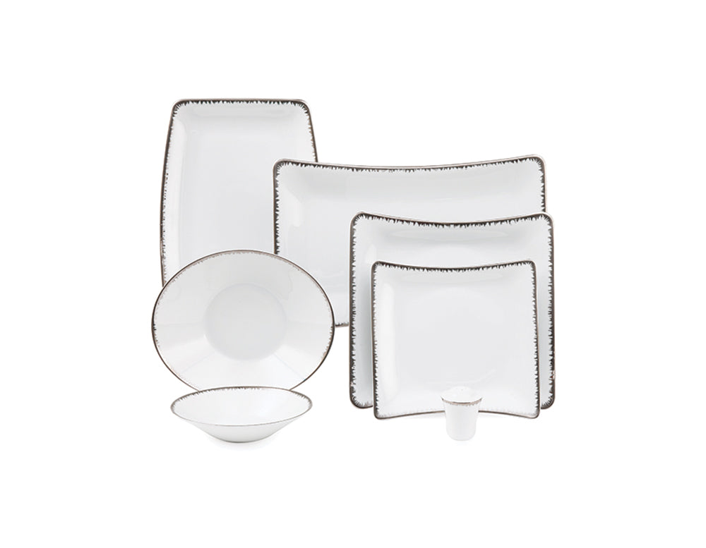 Royal-serviset med tallerkener, serveringsfat, skål og kopp i hvitt porselen med elegante platinadetaljer.