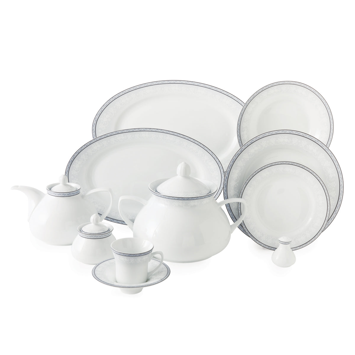 Utvalg fra White Rose serviset med tallerkener, serveringsfat, suppeterrin, tekanne og kopp.